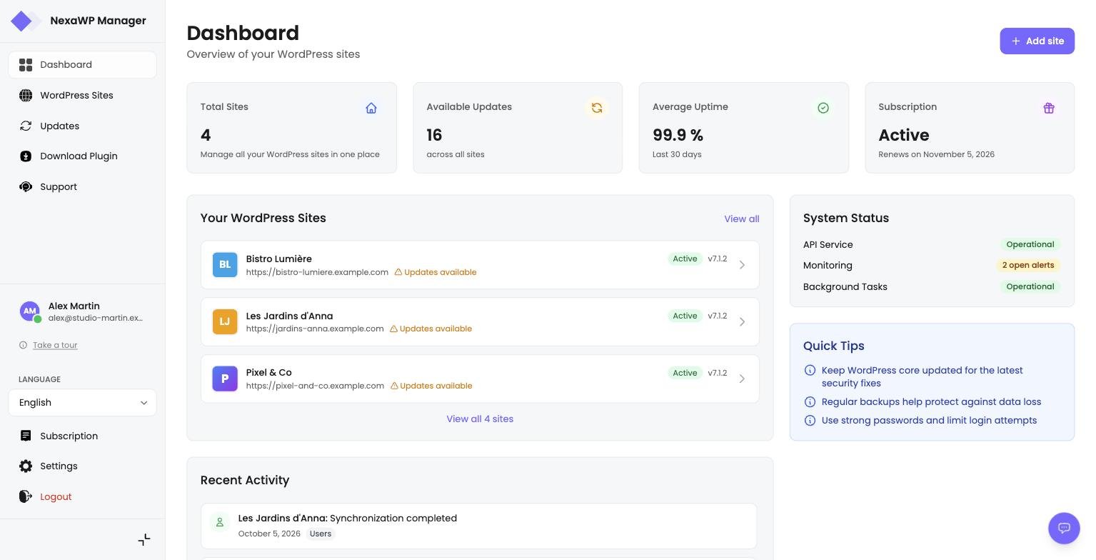 Tableau de bord NexaWP Manager avec les sites WordPress, les mises à jour disponibles et la disponibilité